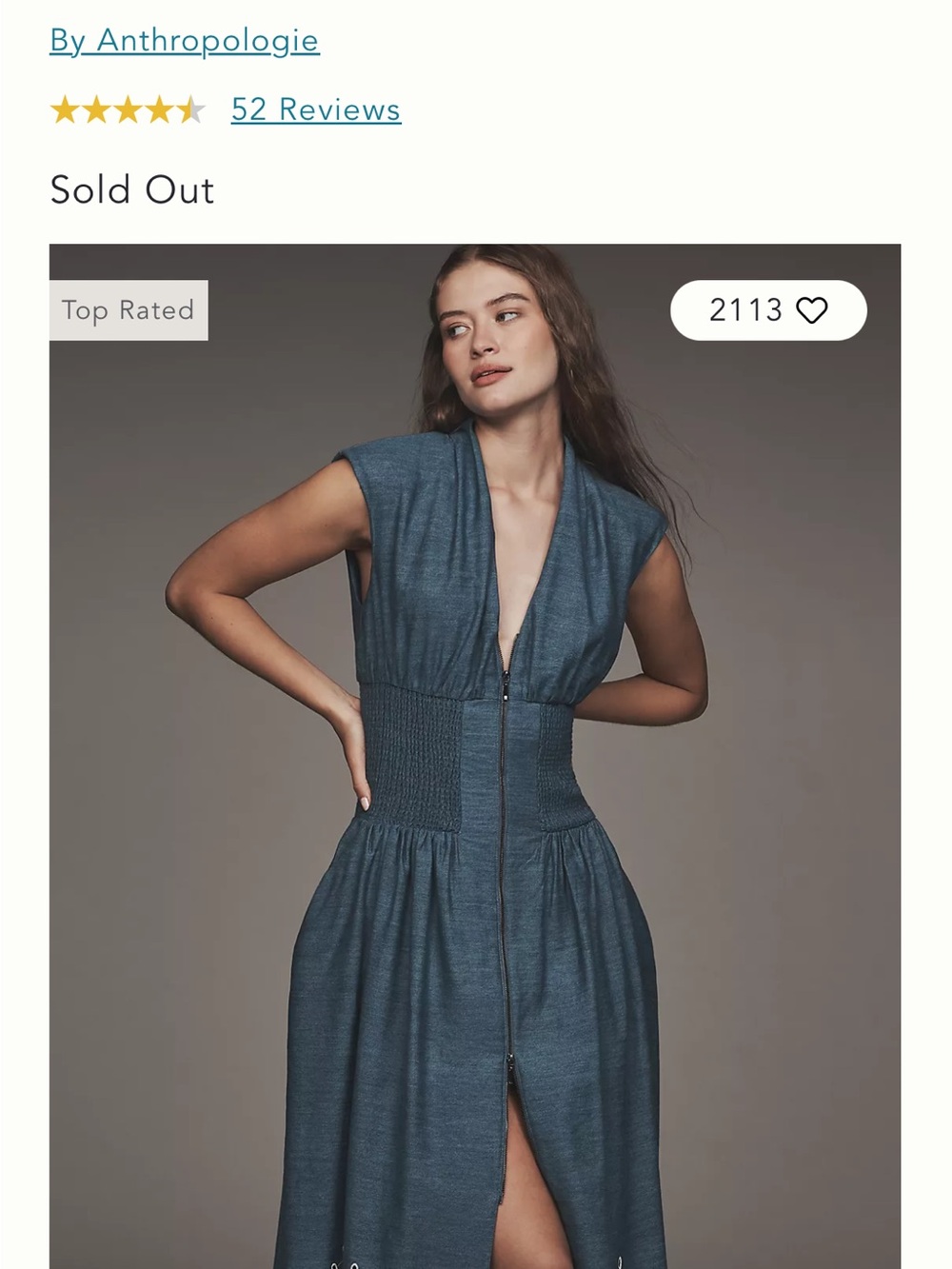 Anthropologie Denim-Blue V-Neck Zip Front Midi Dress